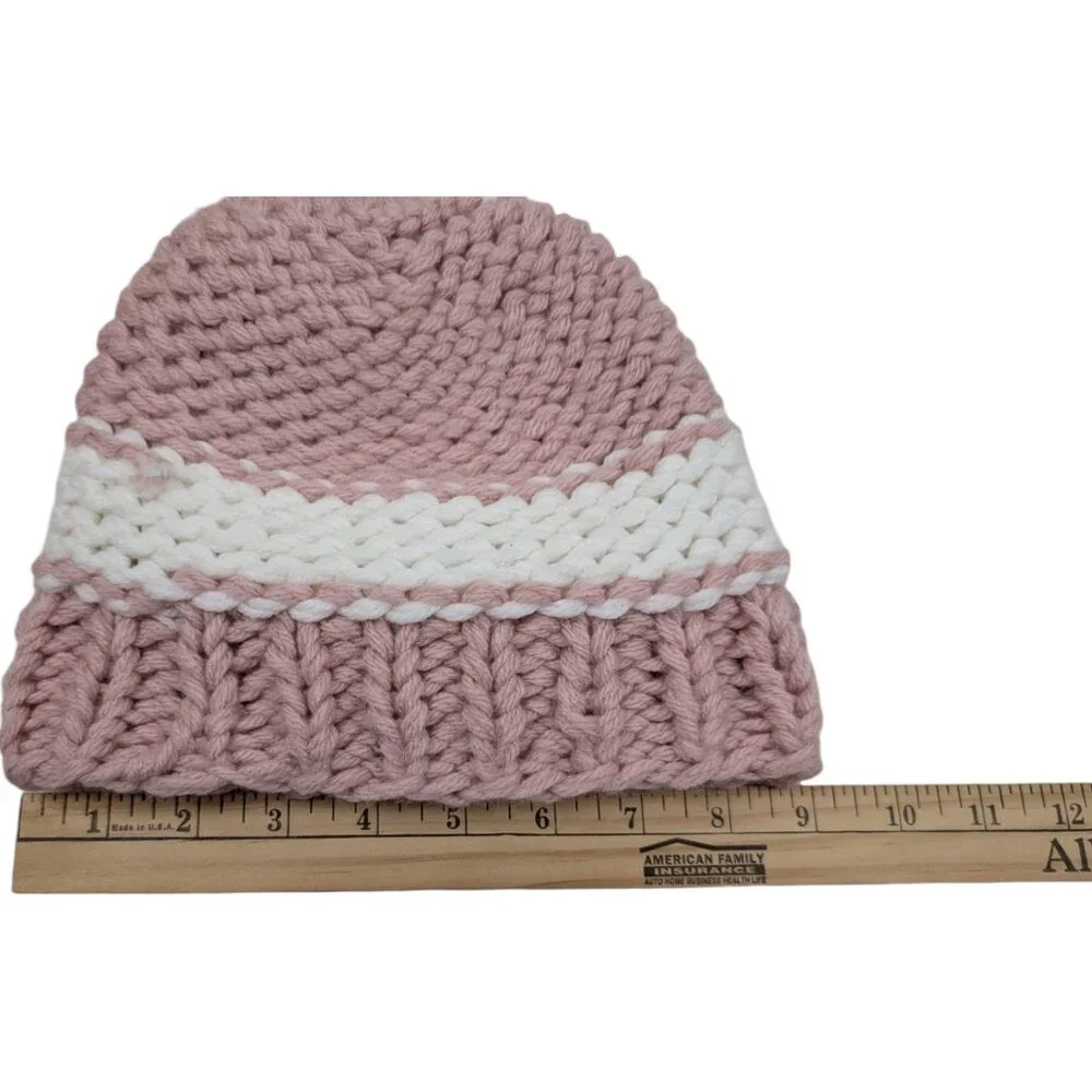 Hand‎ Knit Hat Beanie Pink White kids Girls Youth Child